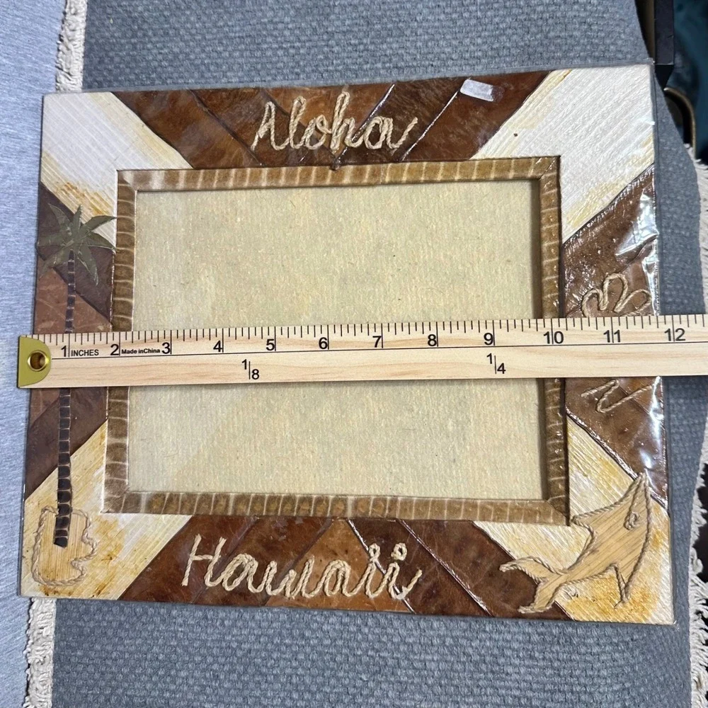 Vintage Aloha Hawaii Souvenir Photo Frame Tropical Palm Tree Dolphin Mixed Media